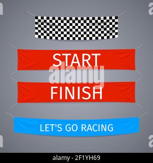 Start and finish textile banners vector set. Flag sport race, competition finishing, winner success illustration Stock Vector