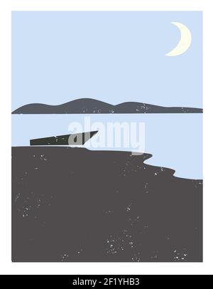 Abstract minimalistic wall poster with night landscape with sea and moon. Vector illustration Stock Vector