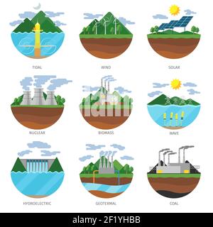 Generation energy types. Power plant icons vector set. Renewable alternative, solar and tidal, wind and geotermal, biomass and wave illustration Stock Vector