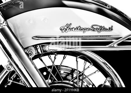 Harley Davidson heritage softail motorcycle wheel abstract. Black and White Stock Photo