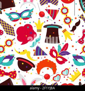 Party background or carnival pattern. Mask and cylinder, bunny ears, vector illustration Stock Vector