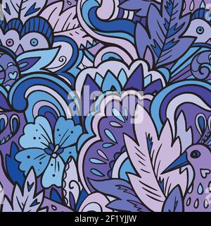 Doodle fairy seamless pattern with floral elements and mythical bird. Vector illustration Stock Vector