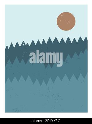 Abstract minimalistic poster with mountain forest and big red sun. Vector illustration Stock Vector