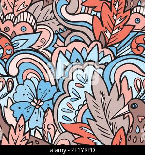 Doodle fairy seamless pattern with floral elements and mythical bird. Vector illustration Stock Vector
