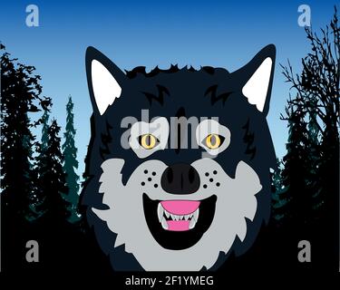 Vector illustration of the portrait of the ravenous wildlife wolf on background wood Stock Vector