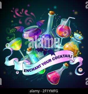 Magic Bottles colored composition with poison flask and headline enchant your cocktail vector illustration Stock Vector