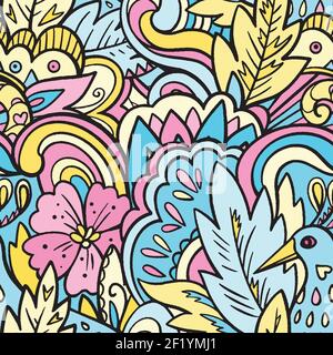 Doodle fairy seamless pattern with floral elements and mythical bird. Vector illustration Stock Vector