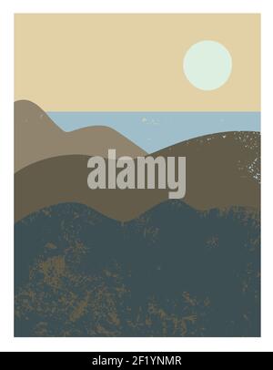 Abstract minimalistic vector sunset landscape with mountains and sea cost. Vector illustration Stock Vector