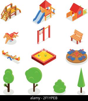 Kids isometric 3D playground. Icon set bench carousel slide, swing seesaw and sandbox, vector illustration Stock Vector