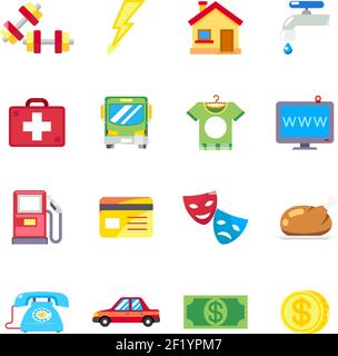 Monthly expenses, costs flat icons. Telephone and medical, internet and food, sports health, vector illustration Stock Vector