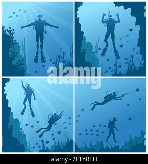 Scuba divers under water. Ocean and sea, diver deep sport, diving and reef, natural fish. Vector illustration Stock Vector