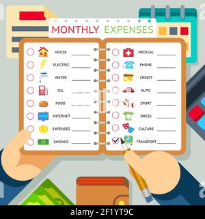 Monthly expenses, costs and income infographics template. House and credit, transport and internet. Vector illustration Stock Vector