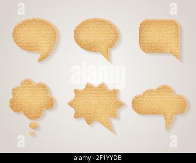 Paper cardboard speech bubbles set. Message blank, communication sticker textured, vector illustration Stock Vector