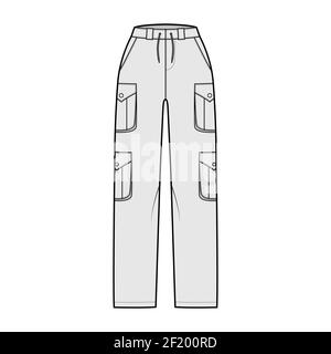 Set of cargo pants technical fashion illustration with normal waist, high rise, pockets, belt loops, full lengths. Flat bottom apparel template front, grey color style. Women, men, unisex CAD mockup Stock Vector