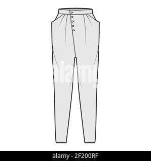 Tapered Baggy pants technical fashion illustration with low waist, rise, slash pockets, draping front, full lengths. Flat bottom apparel template, grey color style. Women, men, unisex CAD mockup Stock Vector