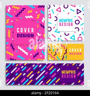 Modern 80s greeting card illustration set with colorful abstract geometric shapes. Creative design poster collection for fashion presentation or trend Stock Vector