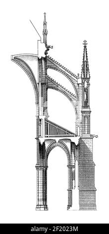 19th-century illustration of detail from Cathedral of Notre-Dame in Reims. Published in Systematischer Bilder-Atlas zum Conversations-Lexikon, Ikonogr Stock Photo