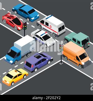 Isometric city transport template with different cars and vehicles moving on crossroad and traffic lights vector illustration Stock Vector