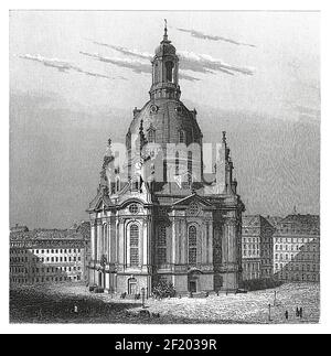19th-century illustration of Dresden Frauenkirche. Published in Systematischer Bilder-Atlas zum Conversations-Lexikon, Ikonographische Encyklopaedie d Stock Photo