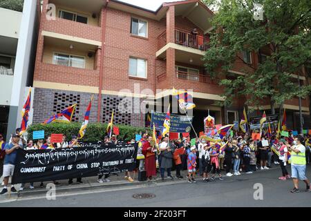 Sydney, Australia. 10th March 2021. Tibetans and supporters commemorate the 62nd Tibetan Uprising Day with rallies in cities across Australia and globally. In Sydney protesters held a rally in Martin Place before marching to the Consulate General of the People's Republic of China at 39 Dunblane St, Camperdown. On 10 March 1959, almost a decade after the Chinese invasion, Tibetans took to the streets of capital Lhasa to protect their leader, the Dalai Lama and their nation’s future. China’s brutal crackdown led to the loss of thousands of Tibetan lives and forced the Dalai Lama to flee into exi Stock Photo