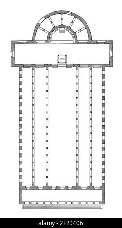 Antique 19th-century illustration of floor plan of the Basilica of St. John Lateran in Rome. Published in Systematischer Bilder-Atlas zum Conversation Stock Photo