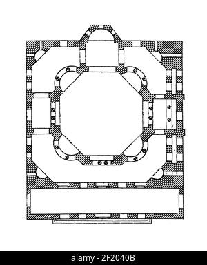 19th-century illustration of a floor plan of the Church of the Saints Sergius and Bacchus in Istanbul, Turkey. Published in Systematischer Bilder-Atla Stock Photo