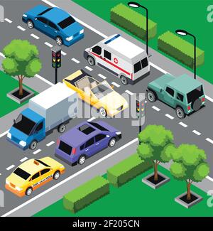 City traffic isometric concept with different moving cars on road intersection vector illustration Stock Vector