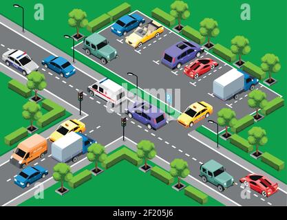 Isometric urban traffic template with colorful moving cars and vehicles on parking zone vector illustration Stock Vector