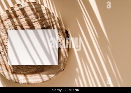 Blank card on wooden plate on beige background with palm leaves shadows. Minimal concept mock up background. Stock Photo