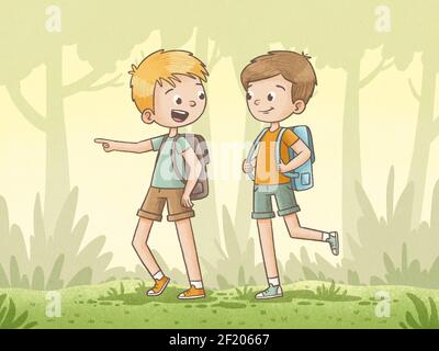 Boys Walking In The Forest Stock Photo