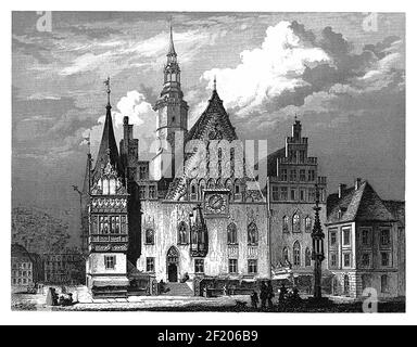 19th-century engraving of Wroclaw City Hall. Published in Systematischer Bilder-Atlas zum Conversations-Lexikon, Ikonographische Encyklopaedie der Wis Stock Photo