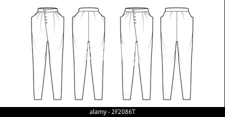 Set of Tapered Baggy pants technical fashion illustration with low normal waist, high rise, slash pockets, draping front. Flat apparel template back, white color style. Women, men, unisex CAD mockup Stock Vector