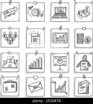 Hand drawn business concept with laptop chart graphs teamwork money documents briefcase marketing elements on note papers isolated vector illustration Stock Vector