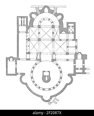 19th-century engraving of a plan of the Church of the Holy Sepulchre in Jerusalem in 10th-12th century. Published in Systematischer Bilder-Atlas zum C Stock Photo