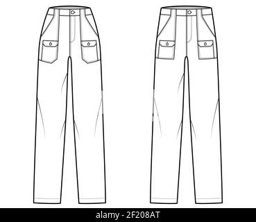 Set of Jeans Denim pants technical fashion illustration with full ...