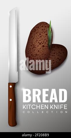 Realistic kitchen knife concept for bakery products cutting and loafs of bread on gray background isolated vector illustration Stock Vector