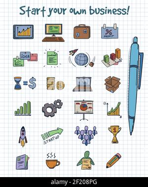 Colored doodle business start elements concept with equipment financial marketing and management icons on note paper vector illustration Stock Vector