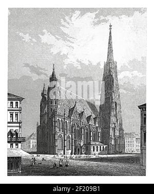 Antique 19th-century engraving of St. Stephen's Cathedral in Vienna, Austria. Published in Systematischer Bilder-Atlas zum Conversations-Lexikon, Ikon Stock Photo