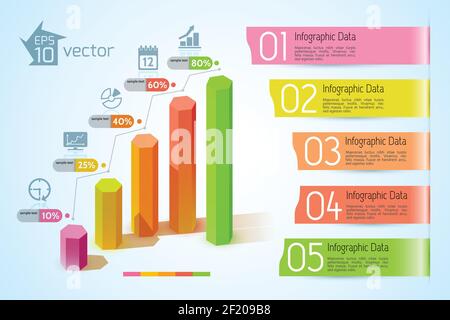 Business charts infographic concept with colorful 3d hexagonal columns five text ribbon banners and icons vector illustration Stock Vector