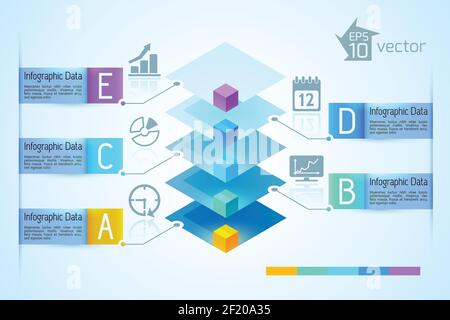 Business light infographics with colorful 3d square pyramid five ribbon text banners and icons vector illustration Stock Vector