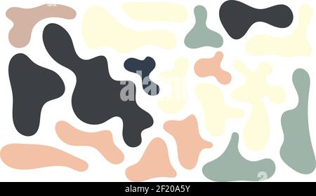 Irregular blob, set of abstract organic shapes. Abstract irregular random blobs, pastel green and brown color. Simple liquid amorphous splodge. Trendy minimal designs for presentations, banners, posters and flyers Stock Vector