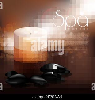 Realistic spa treatment template with burning cylindrical candle and black stones on glowing blurred background vector illustration Stock Vector