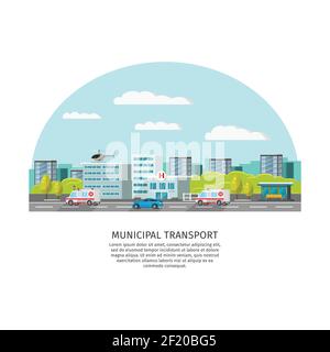 City transport light template with ambulance cars on road and flying helicopter on cityscape vector illustration Stock Vector