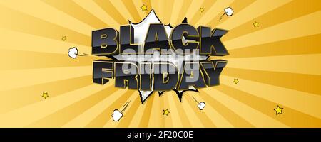 Black Friday. Volumetric golden glossy text on vintage background. Vector cartoon background with rays and halftone effect. Template for site header. Stock Vector