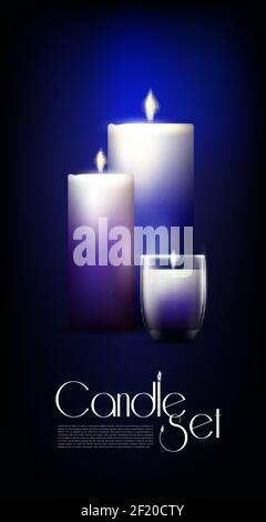 Realistic glowing candles set of different sizes on dark background isolated vector illustration Stock Vector