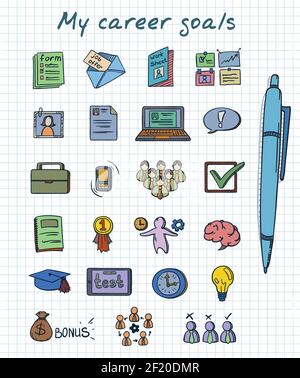 Sketch colored career development elements set with business human resources and management icons on note isolated vector illustration Stock Vector