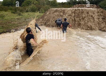 during the Reebok Spartan Race in Jablines, on September 19, 2015. The Spartan Race is a race in the mud with multiple obstacles. Photo Philippe Millereau / KMSP /DPPI Stock Photo