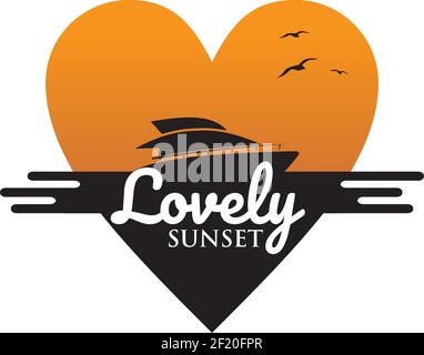Lovely sunset logo with sailing yacht design template Stock Vector