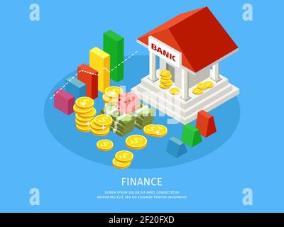 Isometric financial elements concept with bank building dollar stacks gold coins colorful graphs piggy money box isolated vector illustration Stock Vector