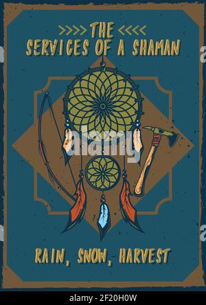 T-shirt or poster design with illustraion of dreamcatcher with feathers on colorful background. Stock Vector